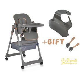   Lindo - Multifunkciós Etetőszék - Ajándék kiegészítőkkel (előke, kanál, villa) - Szürke