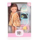 Játék baba - 33 cm - es hajasbaba szett, rajztáblával, barna hajú - Bézs