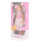 Játék baba - 38 cm - es hajasbaba, virágos szoknyás, szőke - Fehér -  Rózsás