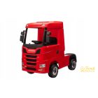 Piros Scania gyermek elektromos kamion oldalnézetben – stabil 4x4 meghajtással