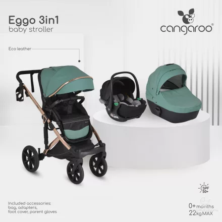 Cangaroo Eggo 3in1 babakocsi elegáns ökobőr - Emerald zöld